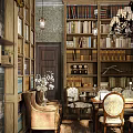 Vintage Café Interior With Bookshelves Chandelier Wooden Tables Windows And Green Plants