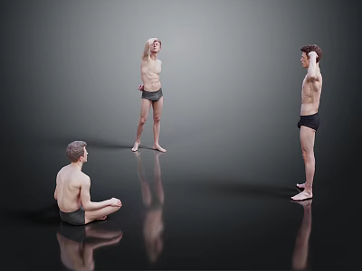 Three People Posing In Gray Studio With Reflective Floor And Shorts 3d model