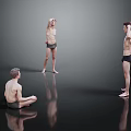 Three People Posing In Gray Studio With Reflective Floor And Shorts 3d model