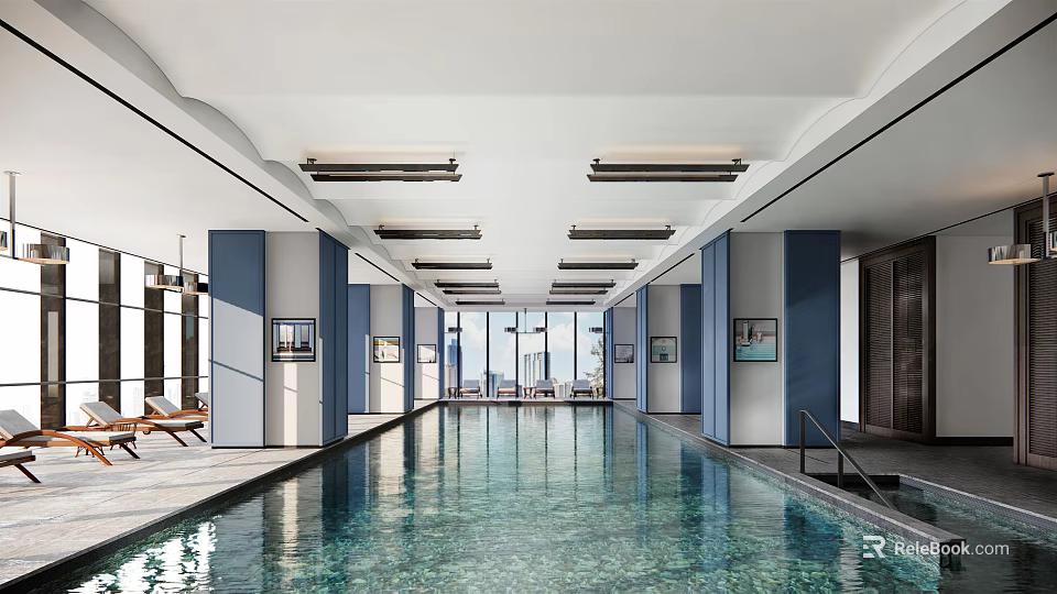 Spacious Indoor Swimming Pool Area With Blue Pillars Ceiling Lights And Floor to Ceiling Windows 3d model 