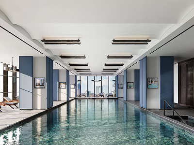 Spacious Indoor Swimming Pool Area With Blue Pillars Ceiling Lights And Floor to Ceiling Windows 3d model