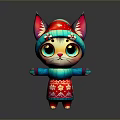 Cute Cartoon Cat In Red Hat Red Dress With Pink Blue Ears And Big Eyes