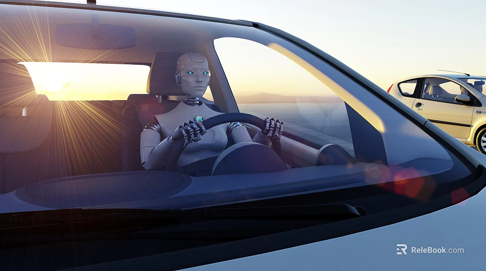 Self Driving Car Interior Featuring Robot Driver Holding Steering Wheel At Sunset 3d model 