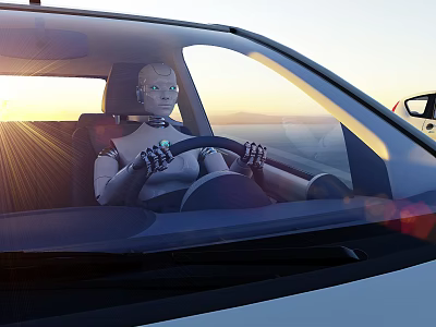 Self Driving Car Interior Featuring Robot Driver Holding Steering Wheel At Sunset 3d model