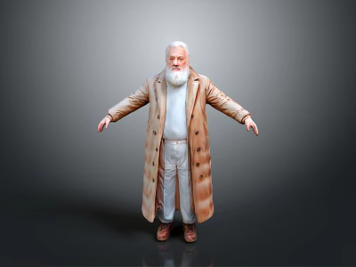 White Haired Bearded Man In Brown Long Coat With Arms Outstretched On Gray Gradient Background 3d model