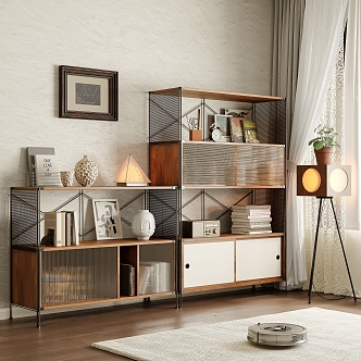 Modern Antique Storage Rack Bookshelf Combination Wrought Iron Bookshelf Bookcase Corner Cabinet Storage Rack Locker Floor Lamp Curtain Window Screen Books Pottery Pot Jewelry Ornaments Combination 3d model