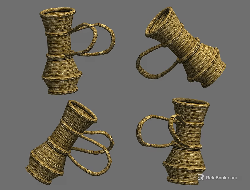 Woven Storage Basket With Handle Shown In Four Different Angles 3d model