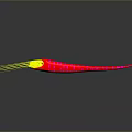 Vibrant Red And Yellow Striped Elongated Creature With Green Tipped Tentacles On Gray Reflective Surface