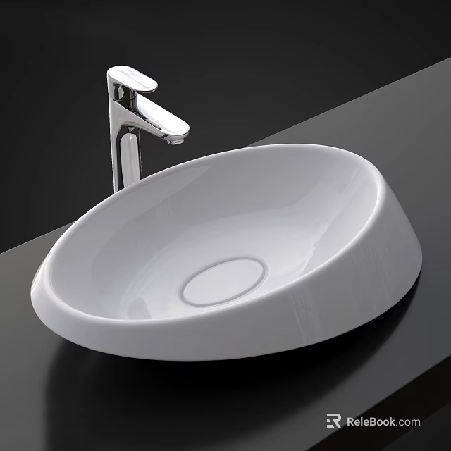 Modern White Oval Above Counter Wash Basin With Chrome Faucet On Dark Countertop 3d model 