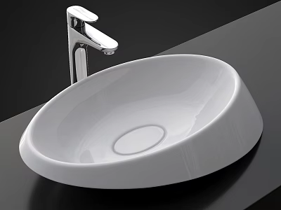 Modern White Oval Above Counter Wash Basin With Chrome Faucet On Dark Countertop 3d model