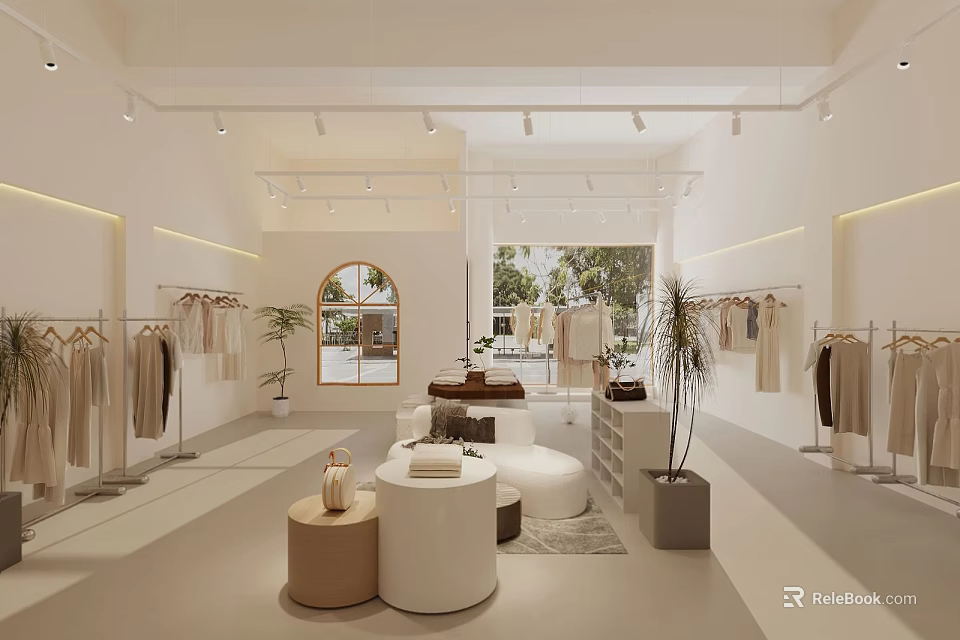 Warm Cream Tone Clothing Store Interior With Neat Garment Display And Elegant Comfortable Furnishings 3d model 