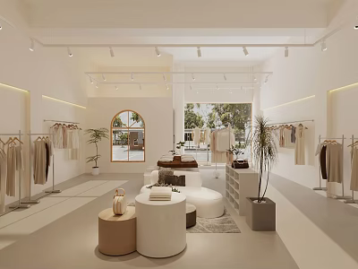 Warm Cream Tone Clothing Store Interior With Neat Garment Display And Elegant Comfortable Furnishings 3d model