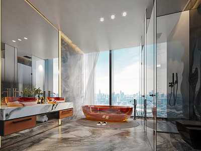 Modern Bathroom Interior With Marble Double Vanity Floor To Ceiling Window City View And Bathtub 3d model