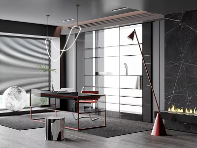 Minimalist Study Room Interior With Modern Desk Red Floor Lamp And Fireplace 3d model