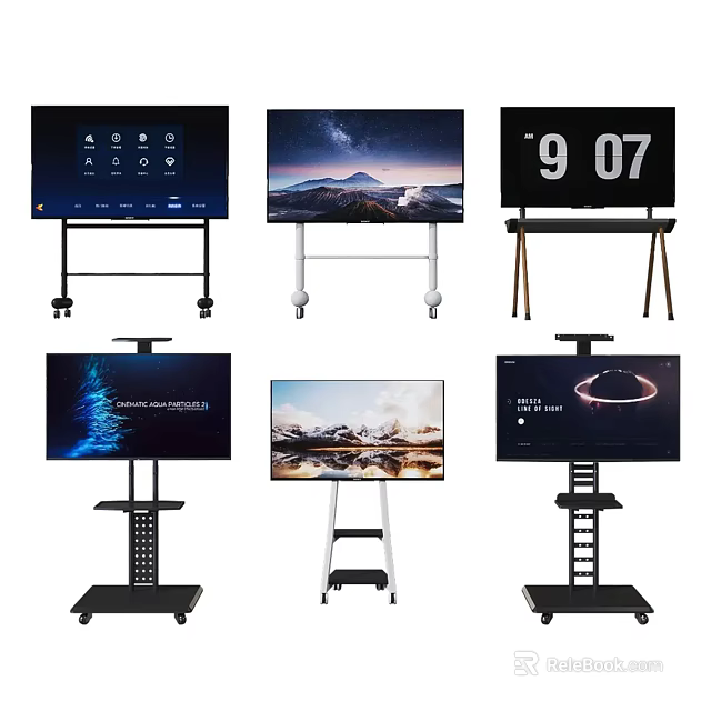 Various Mobile TV Screens With Adjustable Stands And Different Display Content 3d model 