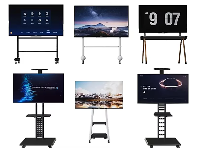 Various Mobile TV Screens With Adjustable Stands And Different Display Content 3d model