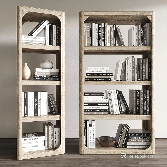Minimalist Modern Wooden Bookcase With Open Shelves Books Decorative Vase And Bowl 3d model 