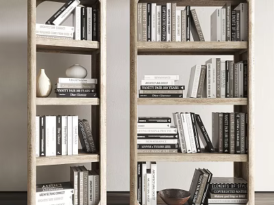 Minimalist Modern Wooden Bookcase With Open Shelves Books Decorative Vase And Bowl 3d model
