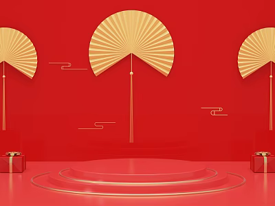 Red Background Decorated With Golden Fans Red Gift Boxes And Circular Platform 3d model