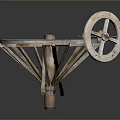 Mechanical Industrial Equipment Featuring Large Spoked Wheel And Small Wheel On Metal Stand