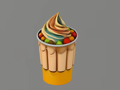 Colorful Ice Cream Cup Featuring Swirled Top And Assorted Candies On Yellow Base 3d model