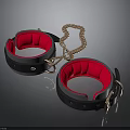 Black Leather Handcuffs With Red Lining And Silver Chain Links