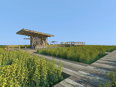 Garden Landscape With Wooden Pavilion Yellow Flower Field And Wooden Pathway 3d model