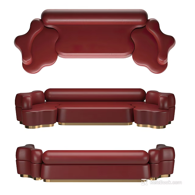 Elegant Red Leather Multi-seater Sofa With Gold Legs And Modern Design 3d model