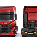 Red IVECO Modern Truck Featuring Grey Cargo Trailer And Cab Design