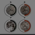 Four Modern Wall Clocks Featuring Green and Orange Frames and Moon Pattern Dials 3d model