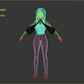 Stylized 3D Character With Teal Hair Green Eyes White Top Black Pants And Blue Coat