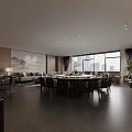 Modern Private Dining Room With Round Table Chairs Landscape Painting And City View