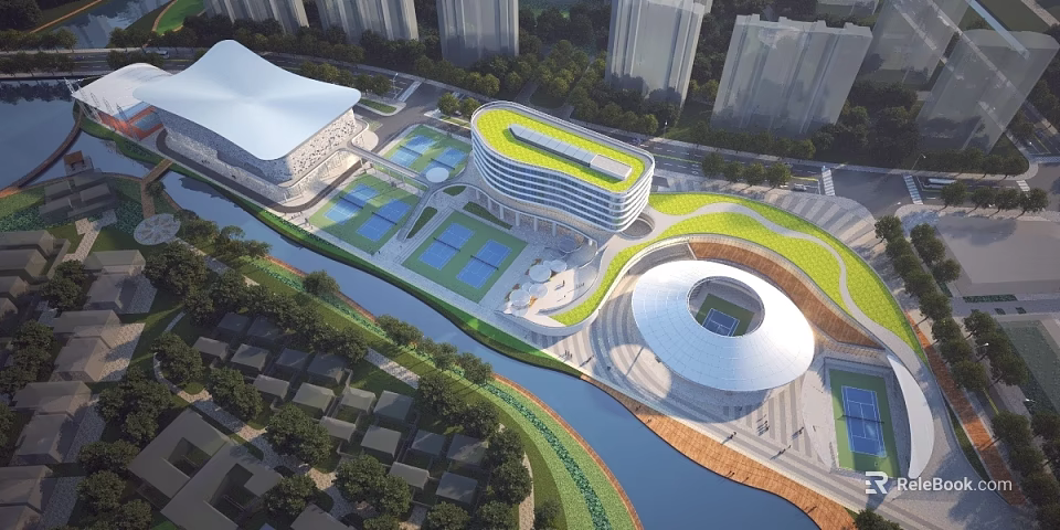 Modern School Building with Green Roof Tennis Courts and Riverfront Landscape in Urban Area 3d model 