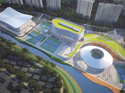 Modern School Building with Green Roof Tennis Courts and Riverfront Landscape in Urban Area 3d model