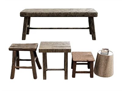 Natural Wooden Stools And Bench With Various Designs For Home Decoration 3d model
