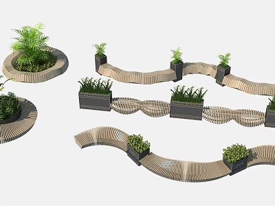Curved Wooden Landscape Seating With Planters And Green Plants Design 3d model