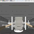 Modern Service Hall Interior Design With White Pillars Glass Partitions And Wooden Stairs