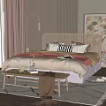 Cozy Double Bed With Rattan Headboard Plush Pillows Bench Patterned Rug And Potted Plant