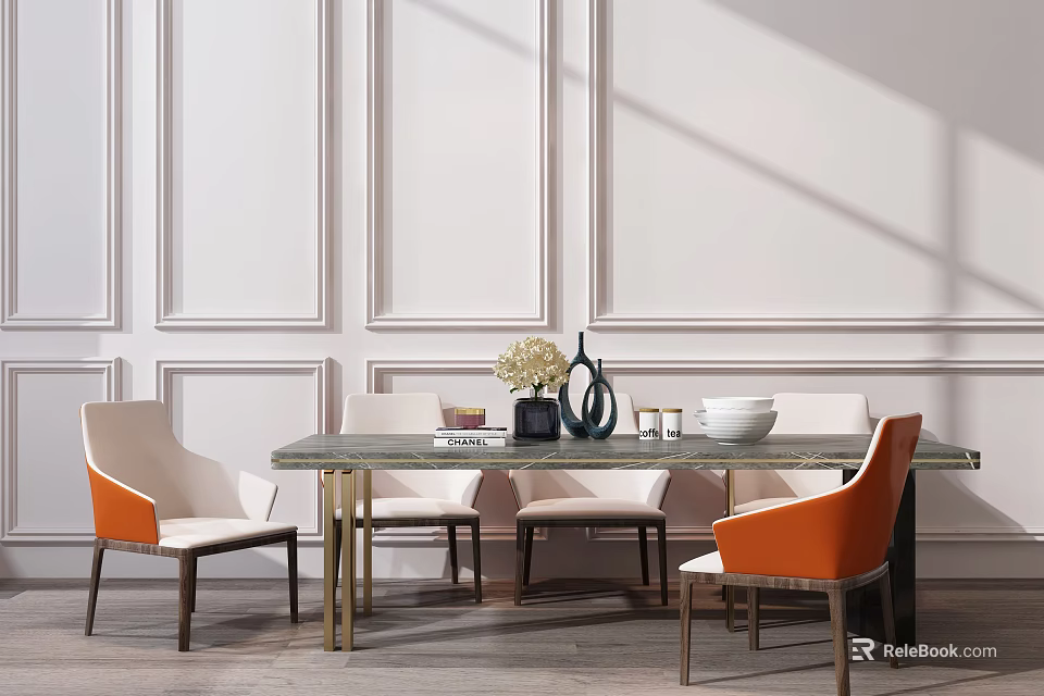 Elegant Dining Table Set With Marble Top Orange Beige Chairs Decorative Vases And White Walls 3d model 