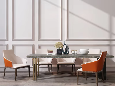 Elegant Dining Table Set With Marble Top Orange Beige Chairs Decorative Vases And White Walls 3d model