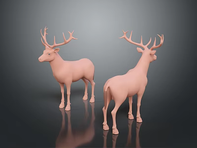 Two Pink Deer Sculptures Standing Gracefully On Dark Background With Reflection 3d model