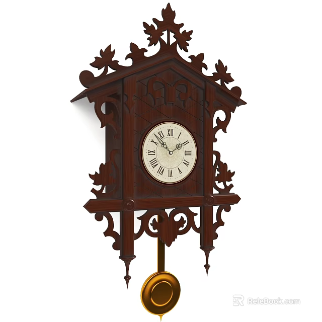 Ornate Traditional Wooden Carved Clock with Roman Numerals and Pendulum 3d model 