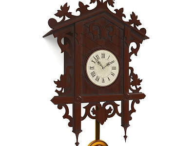 Ornate Traditional Wooden Carved Clock with Roman Numerals and Pendulum 3d model