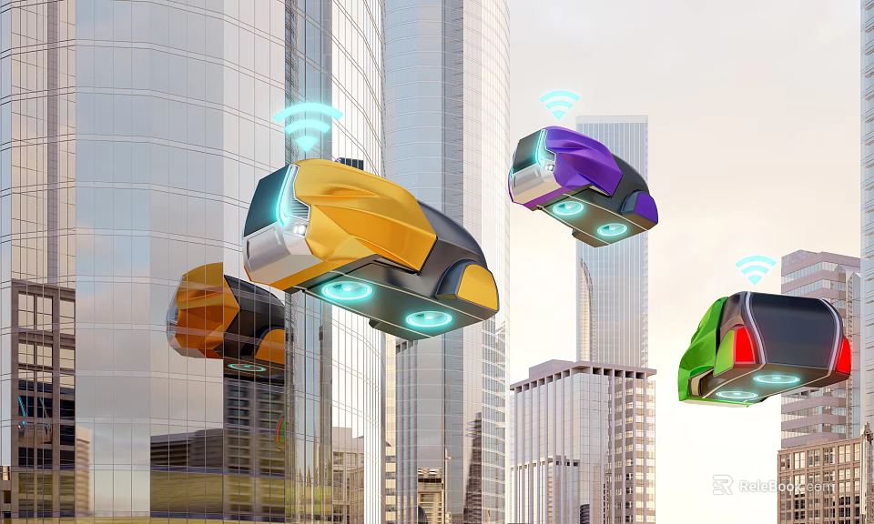 Futuristic Flying Cars Over Modern City Skyscrapers With Yellow Purple Green Designs And Wireless Connectivity 3d model 