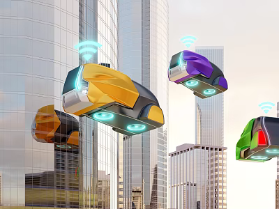 Futuristic Flying Cars Over Modern City Skyscrapers With Yellow Purple Green Designs And Wireless Connectivity 3d model