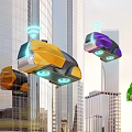 Futuristic Flying Cars Over Modern City Skyscrapers With Yellow Purple Green Designs And Wireless Connectivity