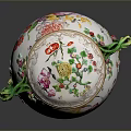 Intricate Ceramic Sculpture With Lid Green Handles Floral Patterns And Gold Accents