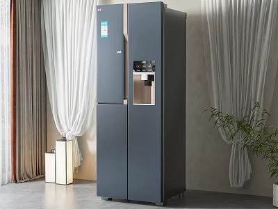 Modern Dark Gray French Door Refrigerator With Water Dispenser In Minimalist Interior Design 3d model