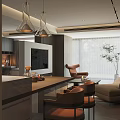 Modern Open Concept Dining And Living Room With Pendant Lights Sofa Dining Table And Plant