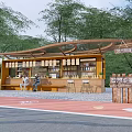 Outdoor Pavilion with Wooden Structure Canopy Surrounded by Trees and Smart Charging Area